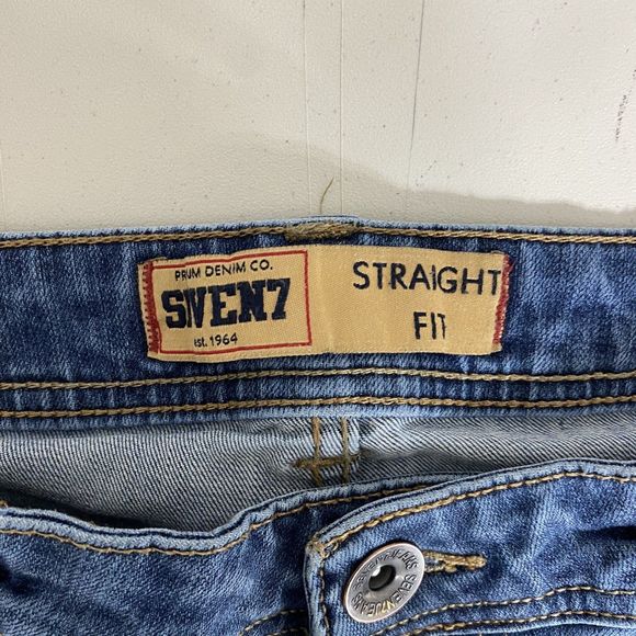 Seven7 Jeans Womens 34x28 Blue Denim Straight Fit Faded Whiskered Distressed - Picture 9 of 14